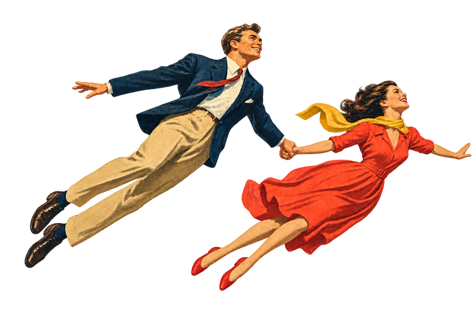 Two illustrated people flying together through the sky